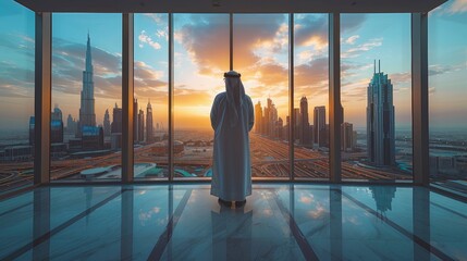 arab businessman in traditional clothing stands in his office against a backdrop of skyscrapers back view created with technologyillustration