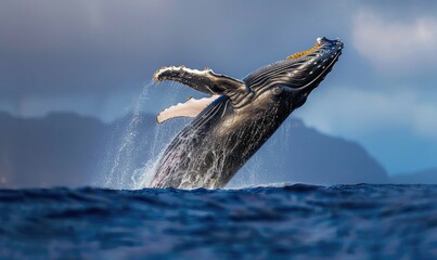 A humpback whale breaching the surface of the ocean