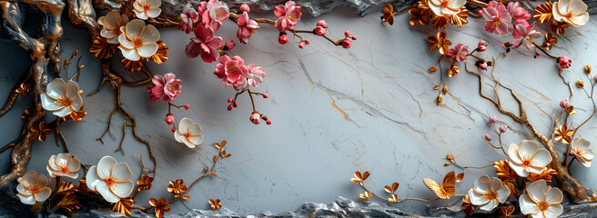 3D wallpaper with marble circle frame, floral and leaves, grey background, golden accents