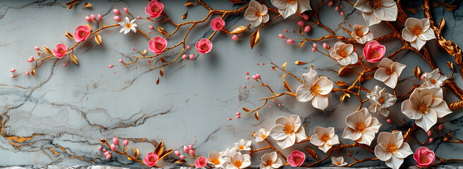 3D wallpaper with marble circle frame, floral and leaves