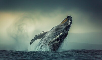 A humpback whale breaching the surface of the ocean