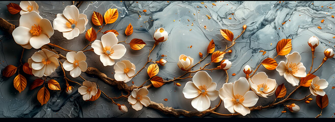 3D wallpaper with marble circle frame, floral and leaves, grey background, golden accents, white flowers