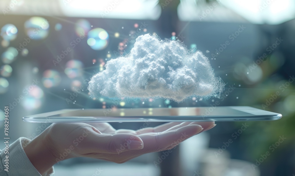 Poster a palm resting on a transparent tablet showing cloud-based software applications