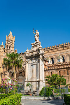 Palermo, Sicily, Italy. Statua di Santa Rosalia in the garden of the Cathedral Palermo. Sunny summer day