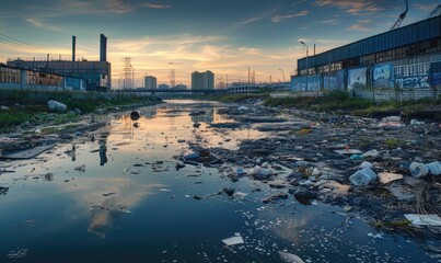 A polluted river surrounded by industrial buildings