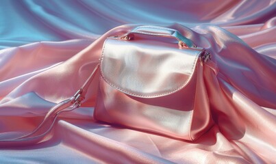 A designer handbag placed on a satin material background