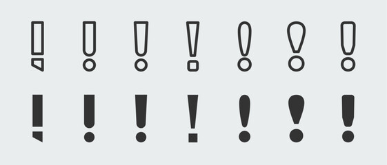 Exclamation mark icon set. Black caution sign. Attention symbol. Warning icons. Easy editable outline template.