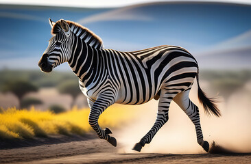 Zebra animal runs along the road.