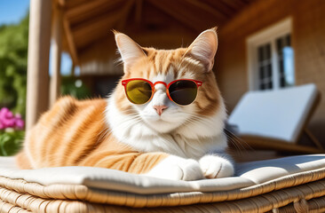 Red cat wearing sunglasses relaxing on a sunbed next to a country house.