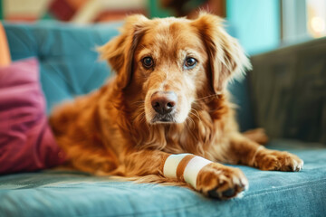 Sad red dog with a bandage on his paw lies on the sofa at home. Diseases and injuries of domestic animals.