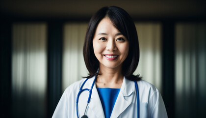 Asian women doctor standing on blur hospital background, Heathcare concept.