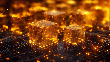 How Metaverse Blockchain Secures Virtual Worlds on platform isometric banner, dark yellow brown gradient background, simplistic.