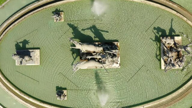 Aerial Top Ascending View Of Famous Fuente De Neptuno At Macroplaza In City - Monterrey, Mexico