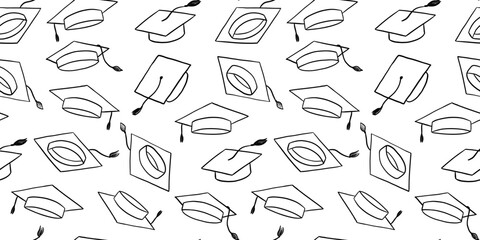 Graduate hat doodle illustrations seamless pattern. Hand drawn university caps repeat backdrop. Academic hat line background