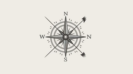 A simple line drawing of an old-fashioned compass rose, with North and South depicted by arrows on the needle, vector illustration, white background, minimalistic design, monochrome color palette, in 