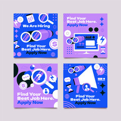 Flat job fair square cards set collection with apply now concept