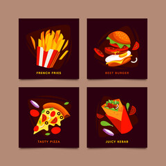 Fastfood restaurant cartoon card set