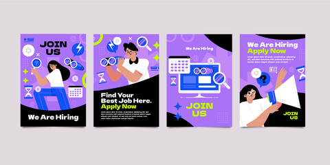 Flat job fair vertical card template set collection with people searching vacant