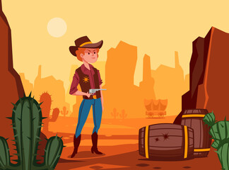 Hand drawn cowboy composition background with a character on wild west landscape