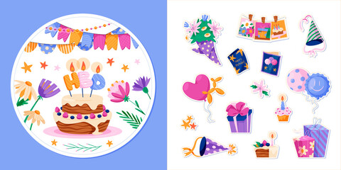 Hand drawn Birthday stickers illustration and icons set