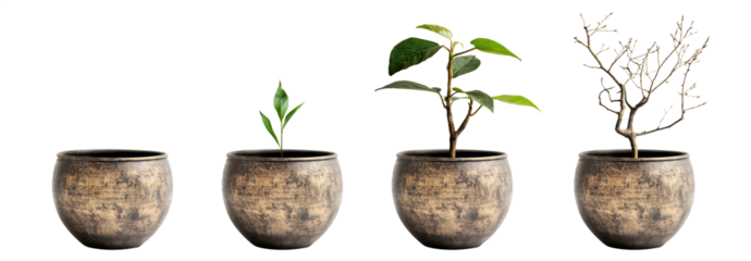 Cooper bronze Plant pot isolated transparent PNG background. Growth concept. Seedling, plant, tree, dry tree. Houseplant vase. Aged garden plant pot. terracotta. 