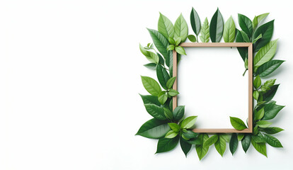 White  frame Creative layout made of green leaves spring twigs AI Generated