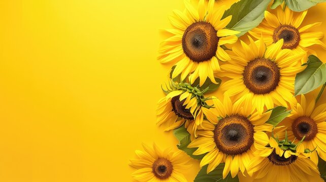 Yellow sunflowers on a bright background - A cheerful image with bright yellow sunflowers with dark brown centers arranged on a vibrant yellow background