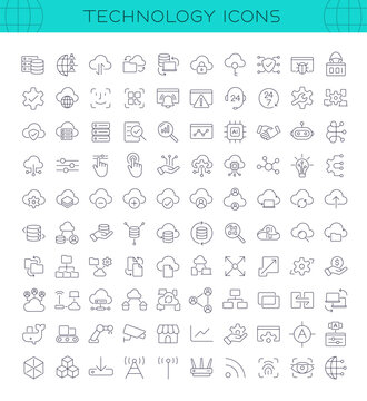 Technology icon set for Information Technology and Computer Software. 100 line icons related to cloud, server, data, iot, ai, cyber security, network. Editable vector stroke. 256x256 Pixel Perfect.