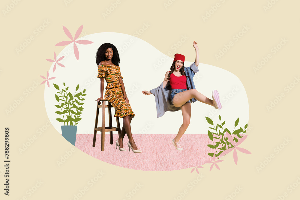 Poster composite image photo collage of two friends young attractive lady celebrate interational woman day 