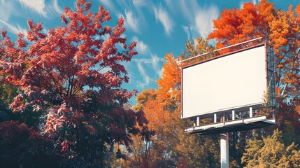 a blank billboard against a backdrop of vibrant autumn foliage, with hues of red, orange, and gold, providing a striking setting for your advertisement.  - Powered by Adobe