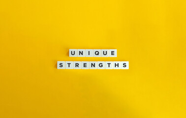 Unique Strengths Banner.  Letter Tiles on Yellow Background. Minimal Aesthetic.