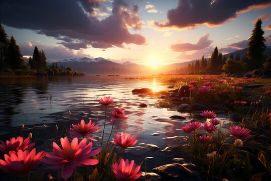 Springtime sunrise: Sunrise over spring landscape with calm river water and pink flowers.