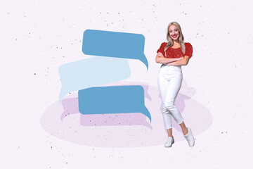 Composite photo collage of happy girl stand text box communication speak monologue bubble message...