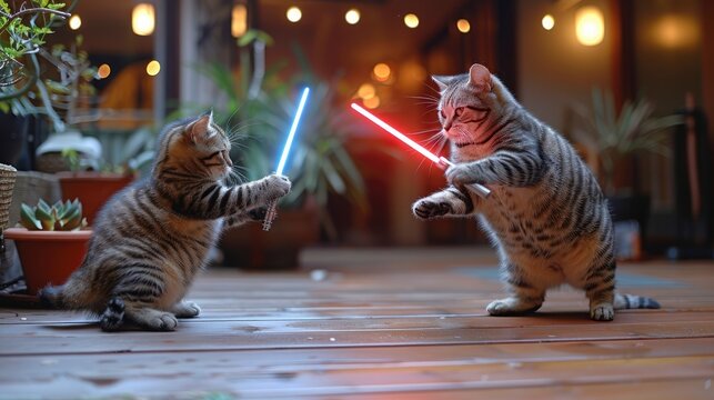 two very fat cats fighting light sabersimage