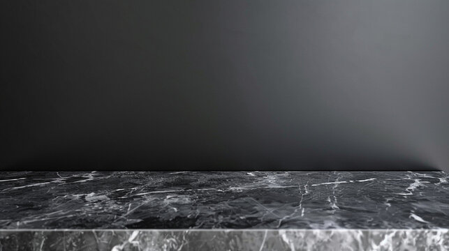 Empty table marble black countertop on black wall background.