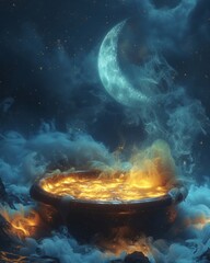 Witch s Brew, cauldron bubble, potion s surface in moonlit concoction, close up alchemy, nights potion, magical mixture  - obrazy, fototapety, plakaty