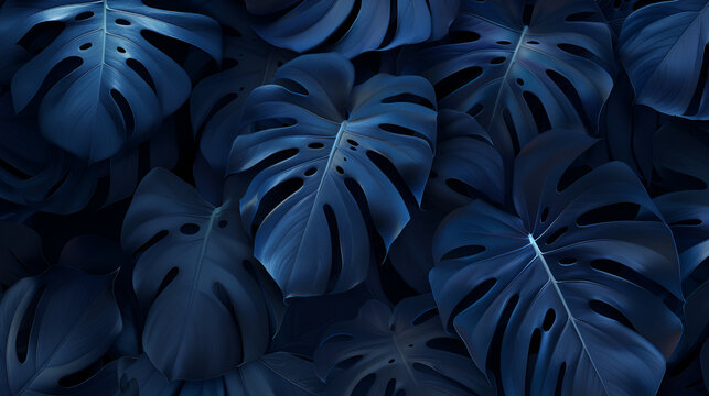 Abstract blue leaves background natural pattern, Wild flowers and leaves background, low key dark photo, classic blue trend color,Full Frame of Green Leaves Texture Background, tropical leaf
