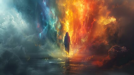 Person Amidst Cosmic Flare: A Spiritual Awakening. Concept Spiritual Awakening, Cosmic Flare, Enlightenment, Inner Peace, Self-Discovery - obrazy, fototapety, plakaty