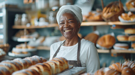 African american senior woman work on bakery make bread and sale