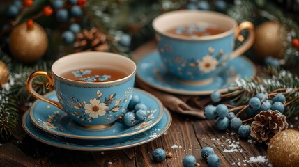film still photograph studio set up of christmas gifts blue tea cups and teapotimage - obrazy, fototapety, plakaty