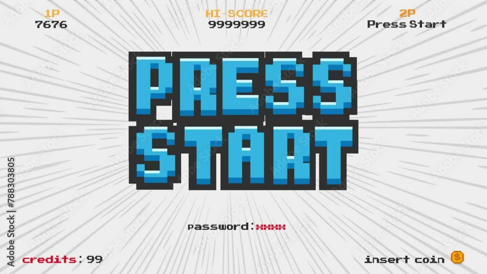 Poster press start insert a coin to continue .pixel art .8 bit game.retro game. for game assets in vector i