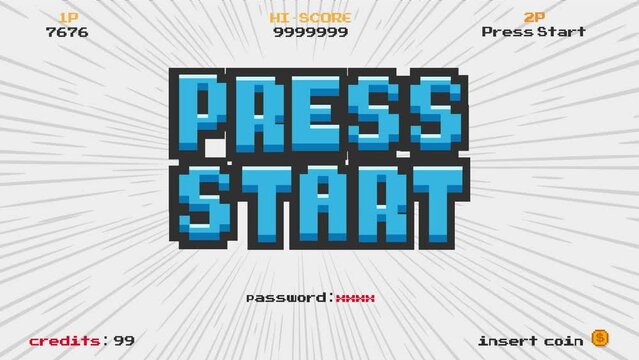 PRESS START INSERT A COIN TO CONTINUE .pixel art .8 bit game.retro game. for game assets in vector illustrations.	
