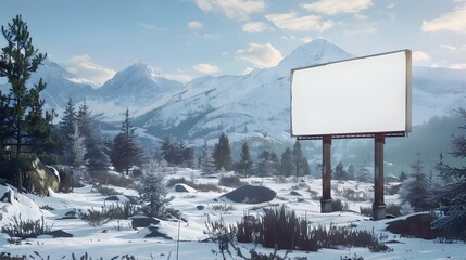 a blank billboard set against a backdrop of snowy mountains and evergreen forests, with a pristine winter landscape stretching out below - obrazy, fototapety, plakaty