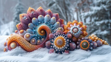 cloud with huichol carvings filled with glossy collectable utencils sitting on the snow iridescent pastel colorsimage illustration