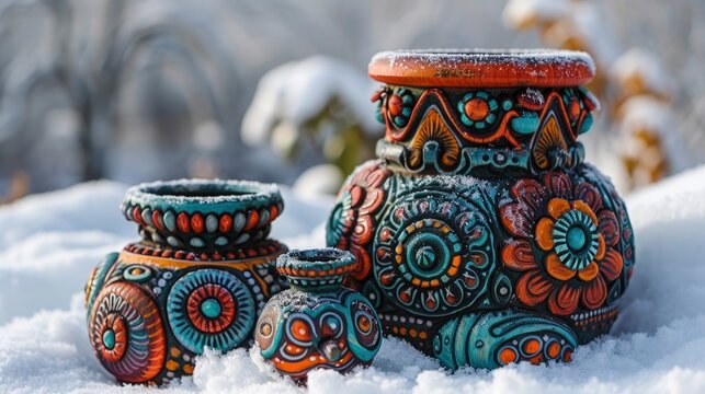 cloud with huichol carvings filled with glossy collectable utencils sitting on the snow iridescent pastel colorsillustration