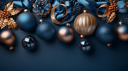 New Year minimalistic background. Golden and blue Glass Balls hanging on ribbon on a Navy blue background. - obrazy, fototapety, plakaty