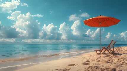 a long beach chair and umbrella against a sandy backdrop, their tranquil presence captured in realistic 8k full ultra HD resolution. - obrazy, fototapety, plakaty