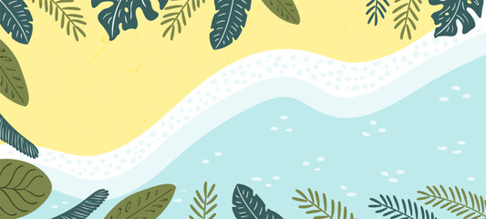 Sandy beach, sea, ocean waves lapping on shore, palm leaves top view background. Hand drawn flat style design, vector backdrop. Summer print, seasonal element, holidays, vacations, outdoors, beach