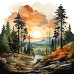 Fensteraufkleber forest landscape drawing, watercolor drawing, paints © daniiD