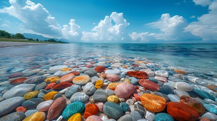a pristine beach adorned with colorful rocks, their vibrant hues creating a picturesque scene against the backdrop of the calm sea, depicted in cinematic high resolution photography. - obrazy, fototapety, plakaty